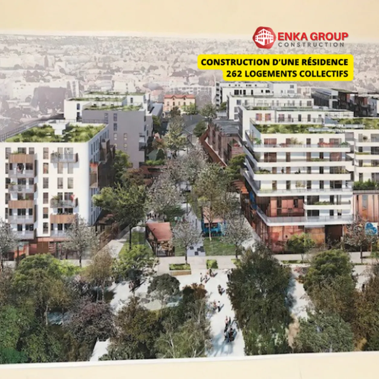 Cœur de ville, Bezons : vue architecturale avec le logo ENKA et la légende sur fond jaune