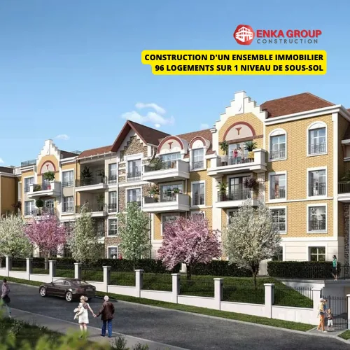 Perspective d’un ensemble immobilier de 96 logements avec balcons et toitures en pente
