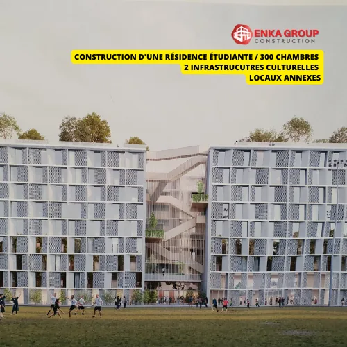 Fondation de Chine, Paris 14ᵉ : vue architecturale avec le logo ENKA et la légende sur fond jaune