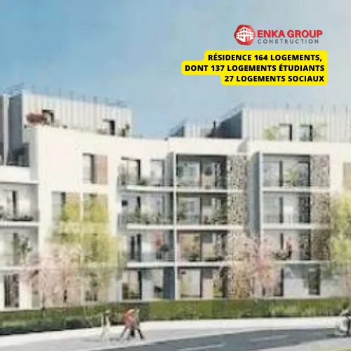 Résidence multigénérationnelle, Juvisy-sur-Orge : vue architecturale avec le logo ENKA et la légende sur fond jaune